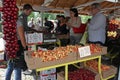 People buy cherries and berries on a farmerÃ¢â¬â¢s organic fruit market in Sofia, Bulgaria Ã¢â¬â June 6, 2015 Royalty Free Stock Photo